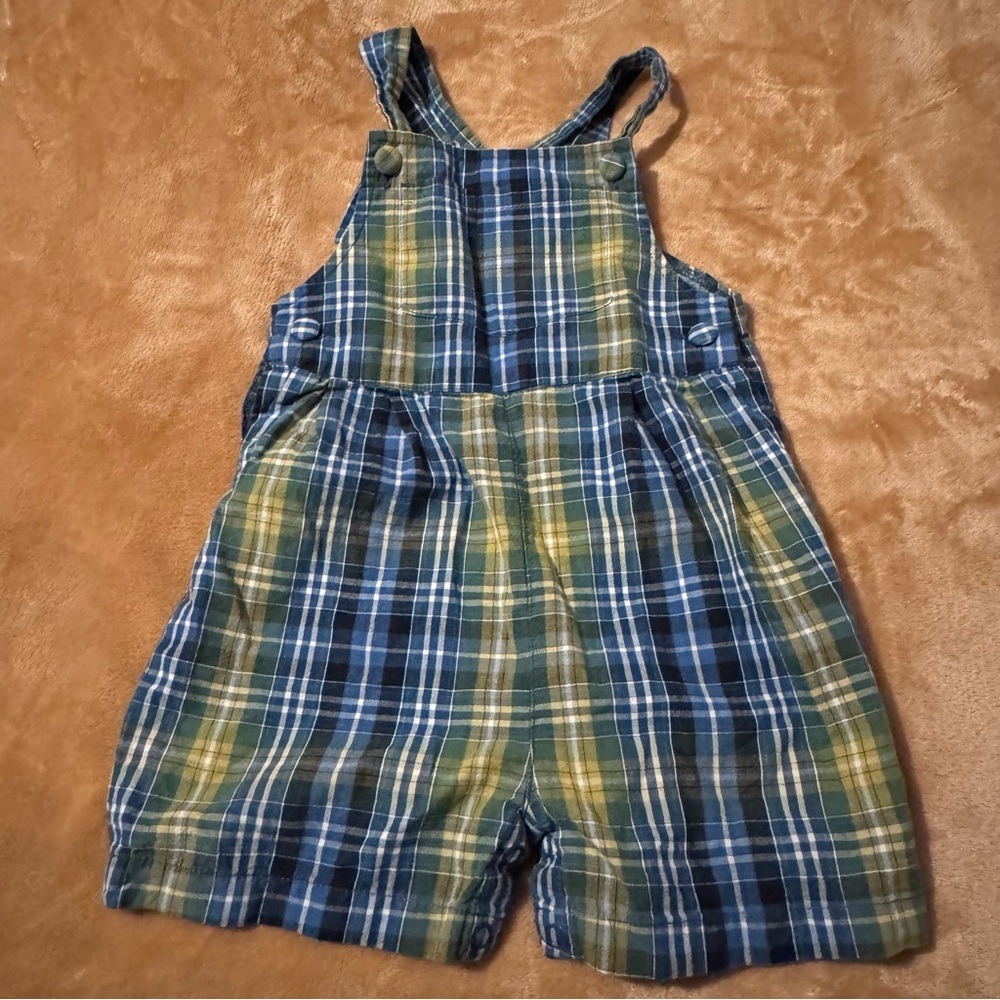 Talbots Kids Blue Green Plaid Cotton Shortall Overalls 24M